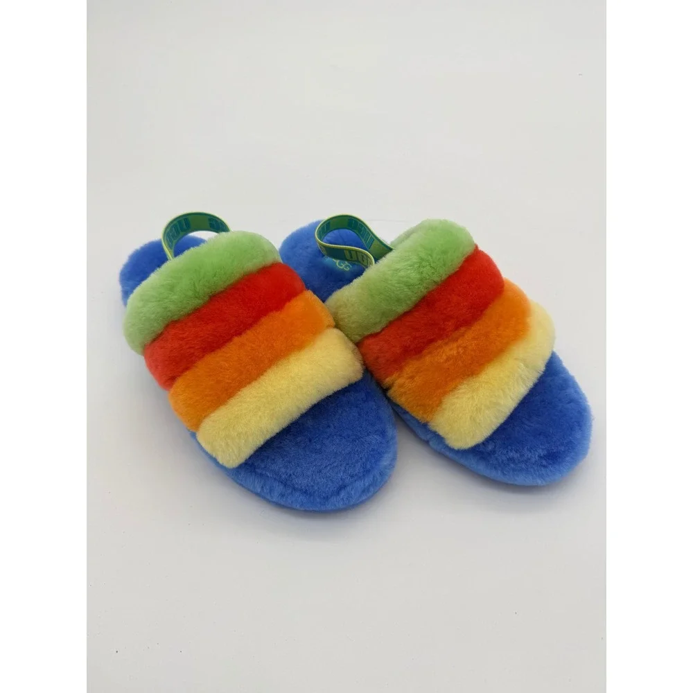 UGG Fluff Yeah Kids Rainbow Stripe Blue Faux Fur Slingback Summer Slides  Size 6